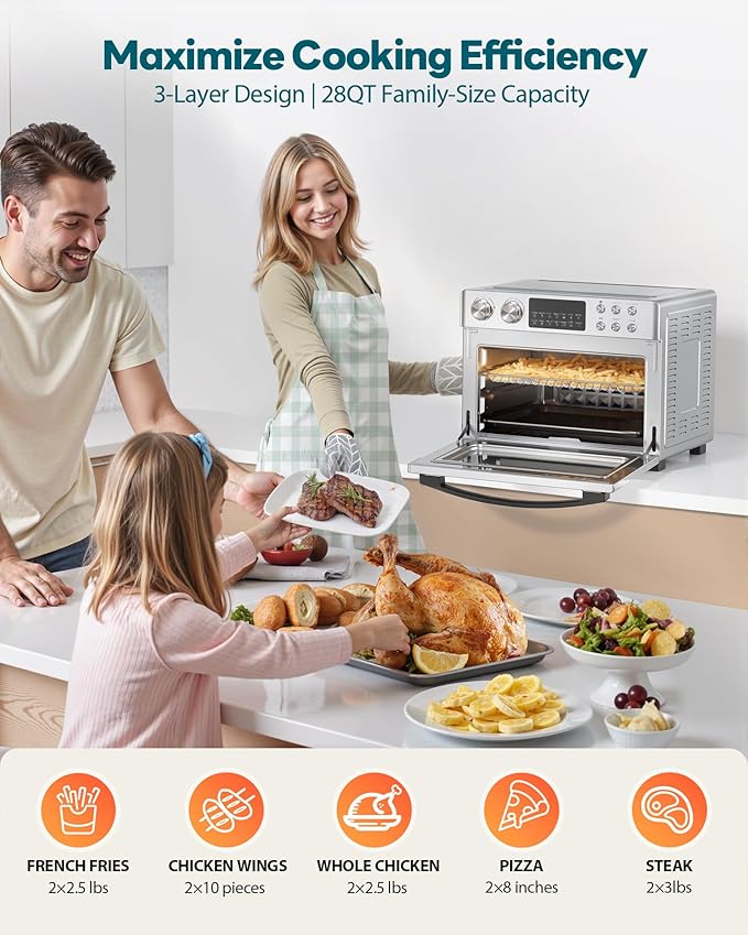 28QT Air Fryer Toaster Oven Combo, Large 12-in-1 Convection Countertop Oven with 3-Layer Cooking, Rotisserie for Chicken, 6 Heating Tubes, Fast Preheat, Fit 11" Pizza, Stainless Steel