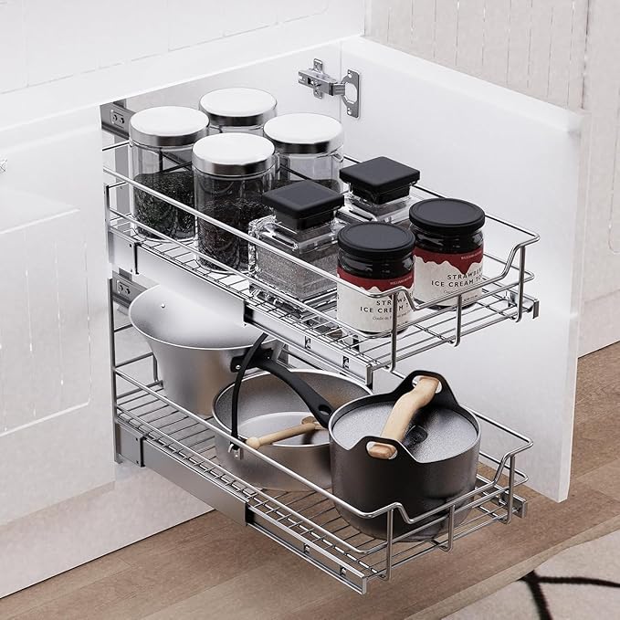 2 Tier Pull Out Cabinet Organizer 11" W X 17" D, Chromed, Full Slide Out
