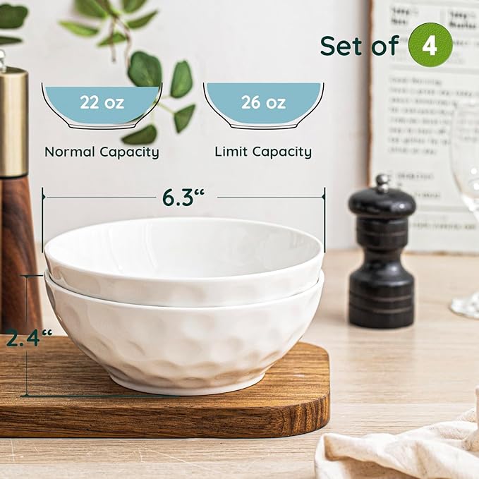 HOMBENE Ceramic Serving Bowls, 6.3 Inch, Set of 4, White, Porcelain, Modern, Oven & Microwave Safe, 25.7 oz Capacity
