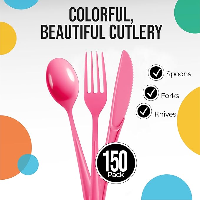 Party Solids Cerise Plastic Silverware Heavy Duty 150 Pieces Cerise Disposable Silverware Heavy Duty, Utensil Sets, 50 Of Each Forks, Knives & Spoons Disposable Cutlery Set For Party Supplies