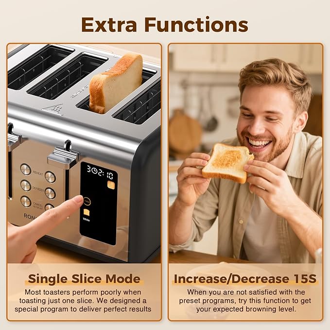 4 Slice Stainless Steel Toaster with 1.5" Wide Slots Digital Touchscreen, Even Toasting for Family Breakfast Bagel & Bread, Reheat & Defrost, Smart Touch Screen, Removable Crumb Tray, Matte Black