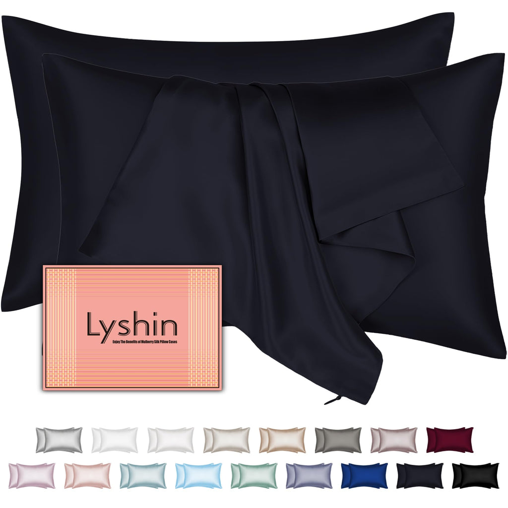 Silk Pillow Cases 2 Pack Queen Size with Hidden Zipper, Mulberry Silk Pillowcase for Hair and Skin, Smooth and Soft Breathable Cooling Silk Satin Pillowcase Set of 2, Gifts for Women，Navy Blue