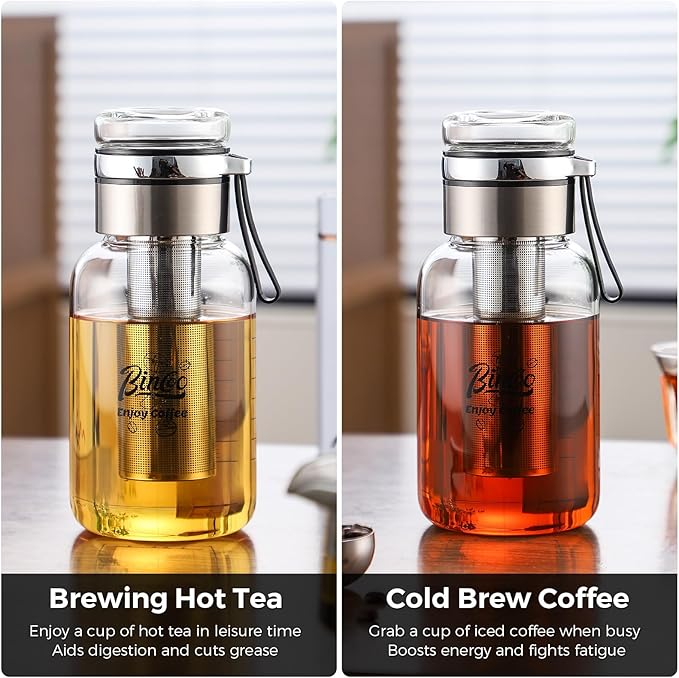 Bincoo Glass Cold Brew Coffee Maker with Extended Fine Mesh Filter, Tea Infuser Bottle Iced Coffee Maker with Thick Borosilicate Glas