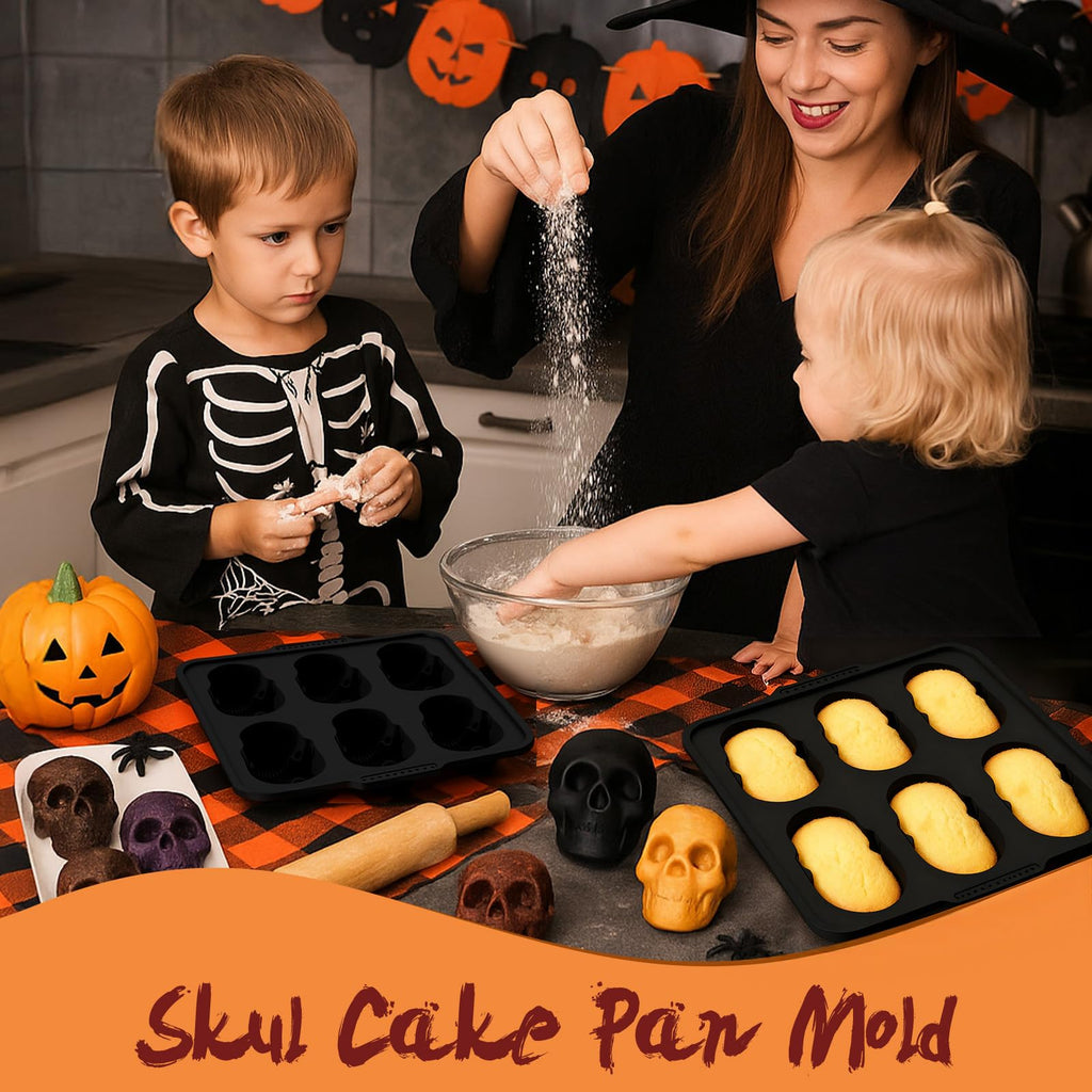 PinAmigos Silicone Skull Cake Pan with Metal Framed - 6 Cavity Skull Baking Pan & Silicone Mold for Halloween Parties & Baking Fun | Food-Safe Non-Stick Ice Cube Tray, Cupcake Maker