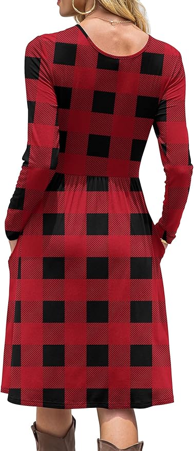 DB MOON 2026 Women Casual Long Sleeve Fall Dresses Empire Waist Knee Length Loose Dress with Pockets (Red Plaid, 2XL)