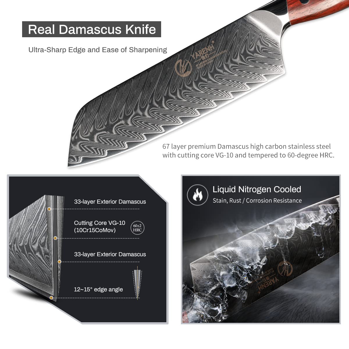 YARENH Santoku Knife 7 Inch, 67-Layer Damascus Steel Chef Knife, Sharp Long-Lasting Sharpness, Rust-Resistant, Kitchen Knife for Professional and Home Use
