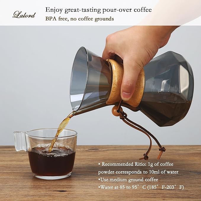 Lalord Pour Over Coffee Maker, 600ml/20oz Borosilicate Glass Carafe, Stainless Steel Filter, Wooden Collar, 3-4 Cups Serving, Gray