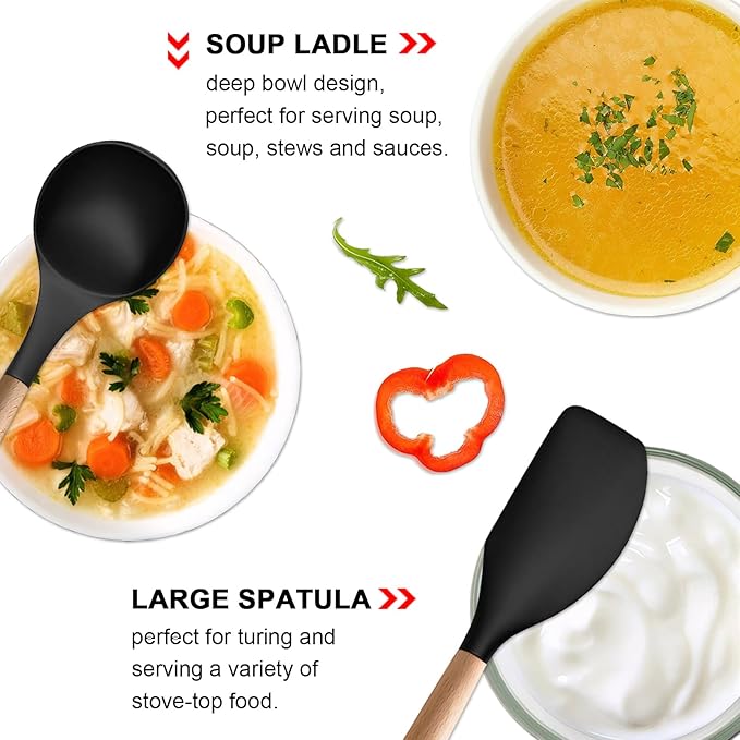 IOCBYHZ Silicone Cooking Utensils Set of 5, Heat Resistant Silicone Kitchen Utensils Set with Wooden Handle, BPA Free Spatula Spoon Turner Ladle Cooking Kitchen Gadgets for Nonstick Cookware & Baking