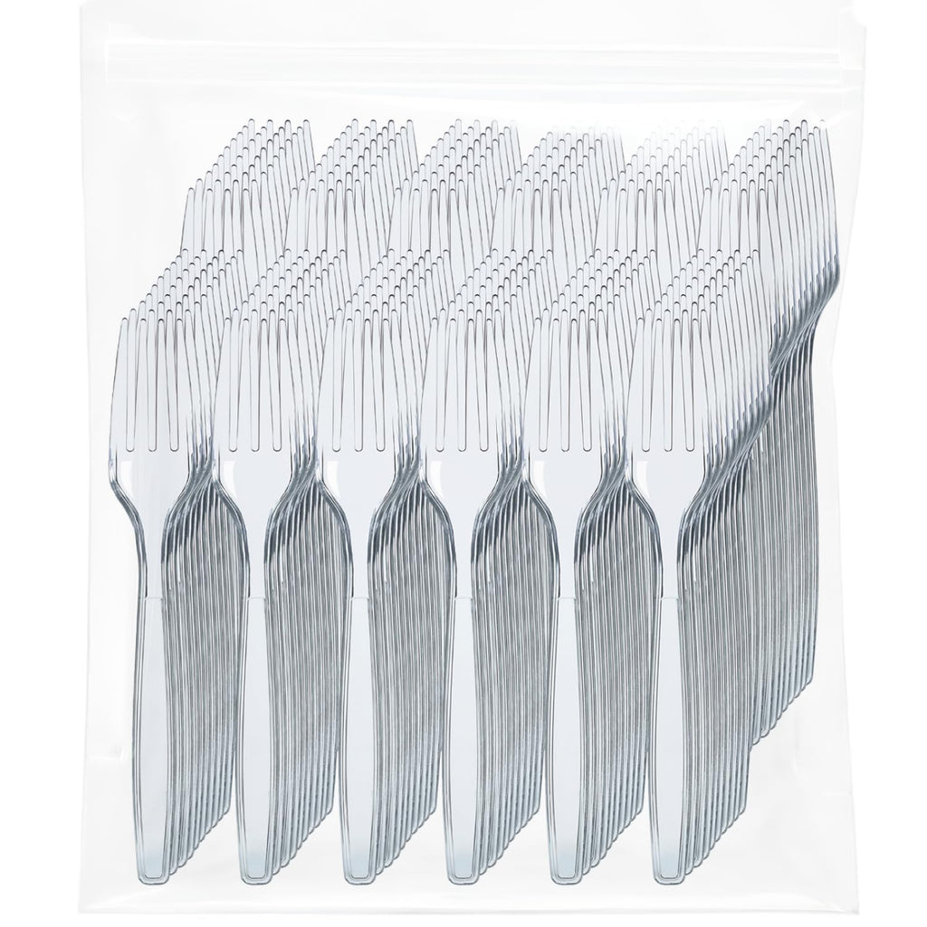 Prestee 500 Clear Plastic Forks - Heavyweight Disposable Forks, Sturdy Flatware, Elegant Fork for Parties, Bulk Disposable Silverware Set, Clear Plastic Utensils - Flatware