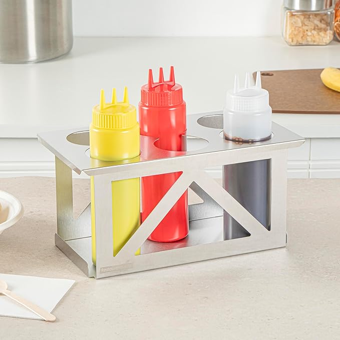 Restaurantware Squeeze Bottle Organizer 1 Count 12.79 x 7.09 x 6.26 Inch Durable Stainless Steel Condiment Dispenser Rack Six Hole Easy-To-Clean Holder Silver Rectangular Design for Commercial Kitchen