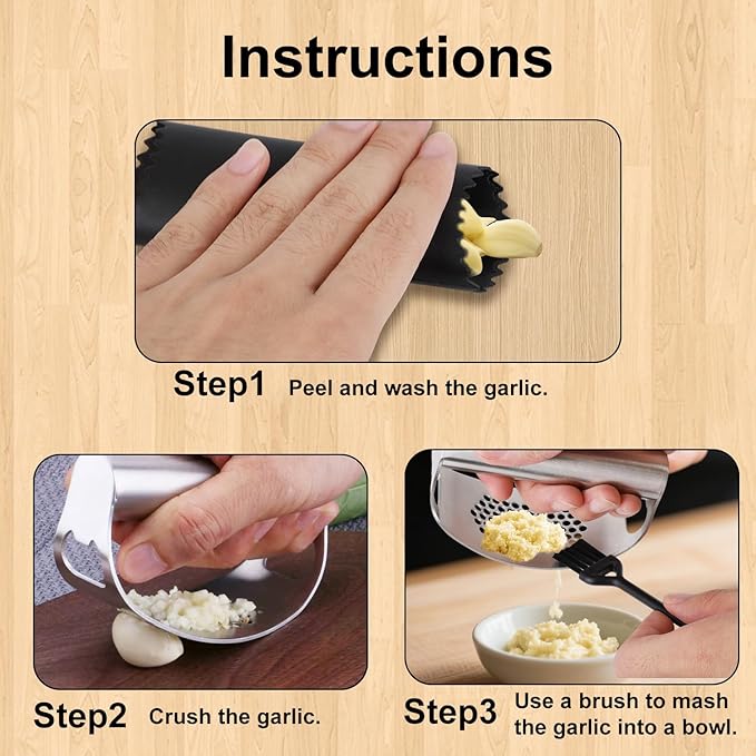 Stainless Steel Hand Garlic Rocker Presser Set, Garlic Press Smasher with Plastic Peeler Roller and Brush Ginger Crusher Mincer Cutter Supplies for Kitchen Dicer Chopper Grater Gadgets