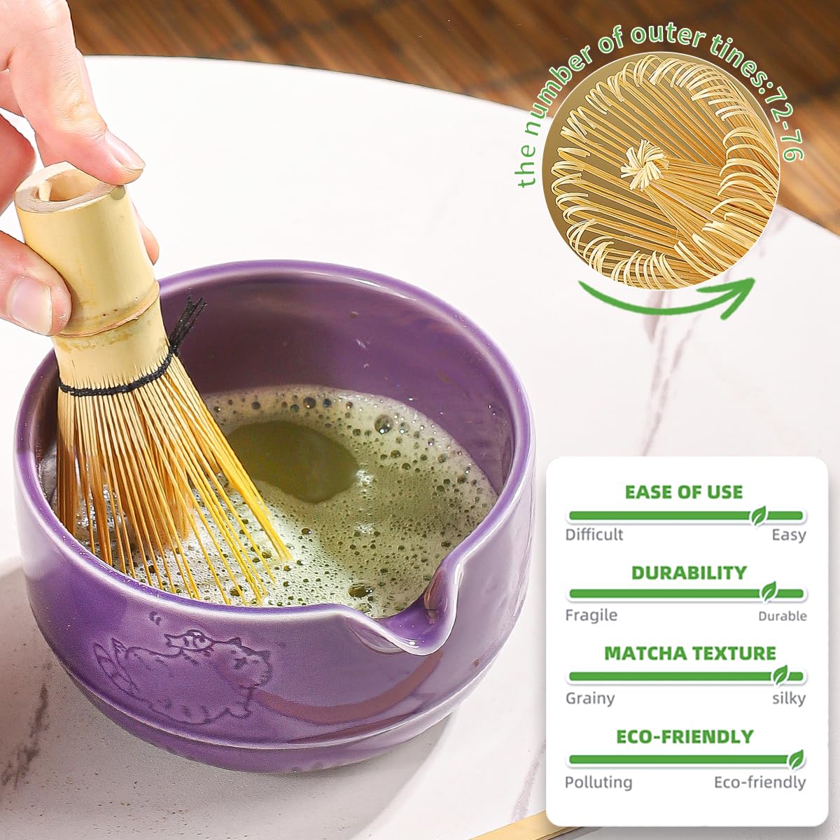 Matcha Tea Set, 5-Piece Ceramic Matcha Bowl & Whisk Kit with Cute Cat Pattern, Traditional Japanese Chawan, Scoop & Sifter, Perfect for Tea Ceremony, Gift for & Tea Lovers (Purple;)