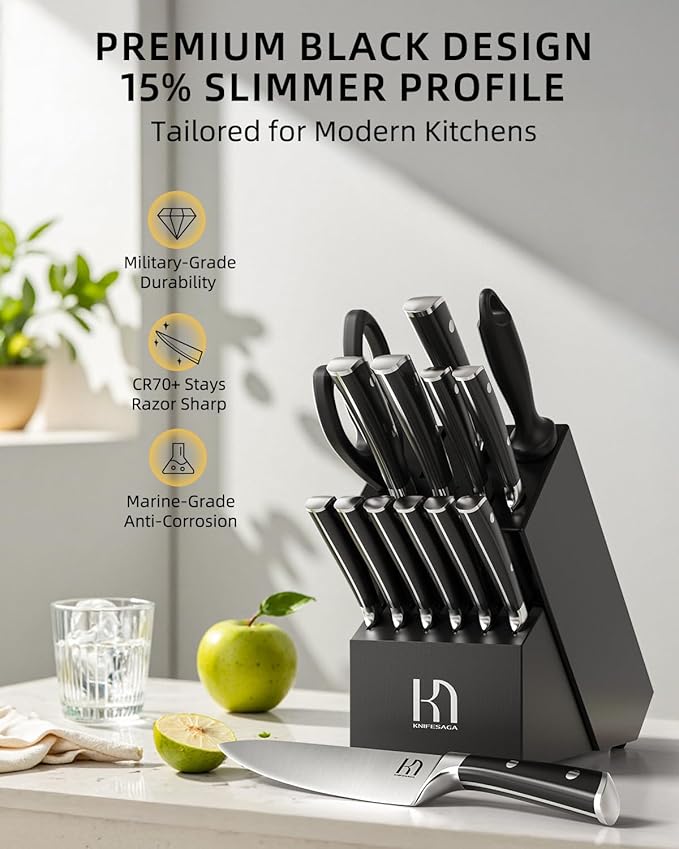 KnifeSaga Knife Set 15 Pcs High Carbon Stainless Steel Kitchen Knife Sets with Block & Sharpener, Premium Razor-Sharp Black Knives Block Set for Kitchen, Ergonomic Full-Tang Handle