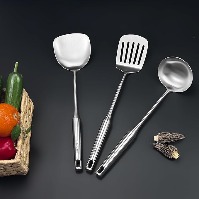 18/8 Stainless Steel Kitchen Utensils Set, 4 PCS 15in Metal Cooking Utensil Gadgets Tools Set with Spatula, Deep Ladle, Skimmer, Slotted Spatula Turner, Dishwasher Safe (4Pack)