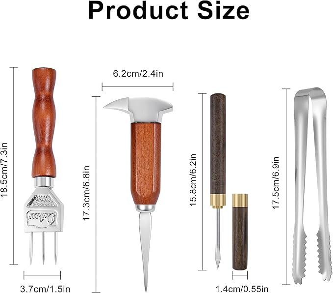 4Pcs Ice Pick Set Stainless Steel Ice Chipper with Wood Handle Bartender