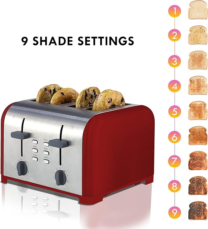 Slice Toaster, Red Stainless Steel, Dual Controls, Extra Wide Slots, Bagel and Defrost Functions, 9 Browning Levels, Removable Crumb Trays, for Bread, Toast, English Muffin, Toaster Strudel