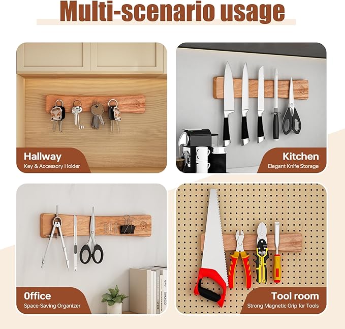 KORELION WOOD Magnetic Knife Strip, 16 Inch Oak Magnetic Knife Holder for Wall with N52 Super Strong Magnets, Premium Wooden Knife Magnetic Strip Organizer for Kitchen Knives, Tools,No Drilling