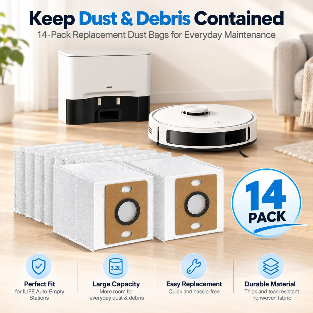 Bluevisk 14 Pack A30 Pro Dust Bags for ILIFE A12 Pro/A30 Pro/V9/V9 Pro/Robot Vacuum Bags 3.2 L Large Capacity Heavy Duty Bags for Home Vacuum