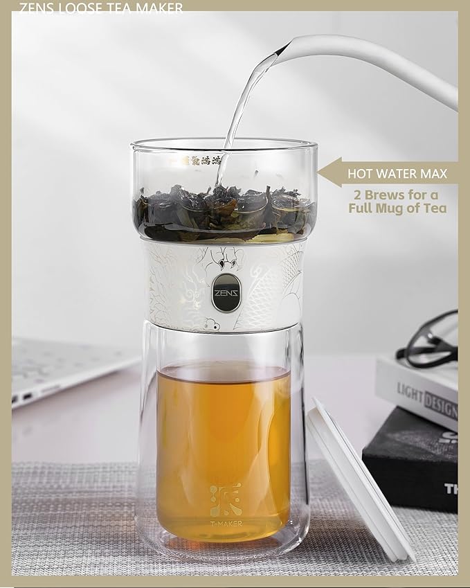 ZENS Glass Tea Infuser Pot, Modern One Touch Tea Maker for Tea Steeping