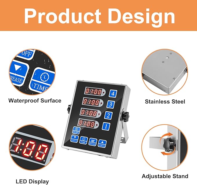YOOYIST Precision Kitchen Timers for Cooking – 4 Channel Commercial Kitchen Timer Restaurant Kitchen Supplies – Stainless Steel Digital LED Chef Cooking Timer – Reminder Function, Loud Alarm, Black