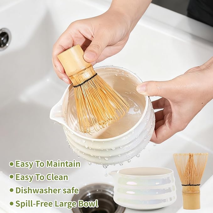 ROMROC 8PCS Matcha Whisk Set, Ceramic Matcha Kit Set Whisk and Bowl (White)
