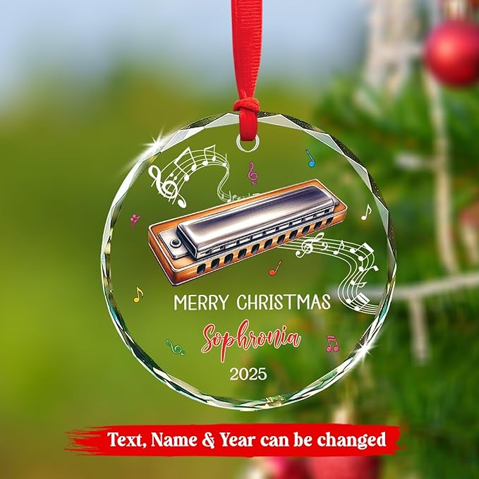 Harmonica Musical Instrument Glass Ornament Xmas 2026, Personalized Text & Name Instrument Christmas Ornament Gifts for Harmonica Player, Musician Xmas Keepsake, Custom Harmonicist Glass Ornaments