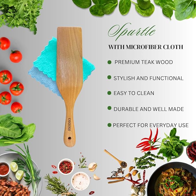 Fiodio Home Teak Wooden Spatula, Spoons & Spurtle for Cooking – Handcrafted, Natural Non-Stick Kitchen Utensils with Comfort Grip & Microfiber Cloth