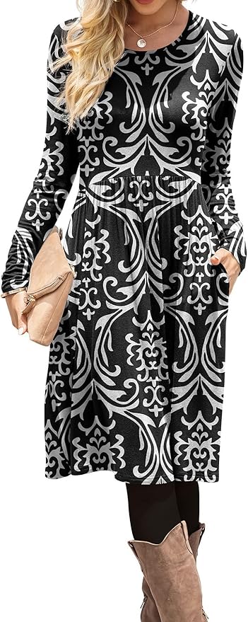 DB MOON Women Casual Long Sleeve Dresses Empire Waist Knee Length Loose Dress with Pockets (Black and White, M)