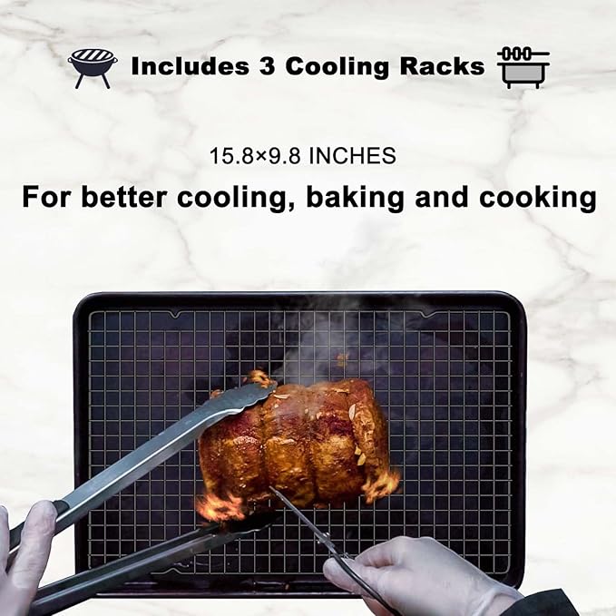 Hunnycook 15.8”×9.8” Cooling Rack, 3P Stainless Steel Baking Rack, Oven Safe Cooling Racks for Cooking and Baking, Black Roasting Rack & Wire Rack & Cookie Cooling Rack for Roasting, Grilling, Drying