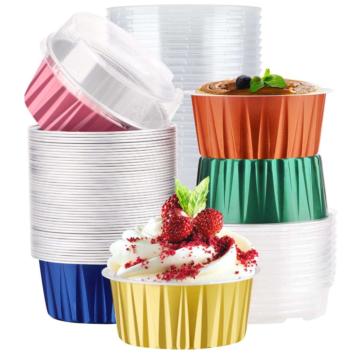 EUSOAR Cupcake Liners for Baking, 50pcs 5oz Muffin Liners, Disposable Foil Ramekins, Dessert Containers, Aluminum Foil Baking Cupcake Cups Holders Pans with Lids 5 Colors Mixed