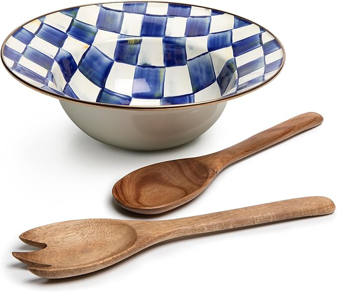 MACKENZIE-CHILDS Enamel Salad Serving Set, Blue-and-White Royal Check
