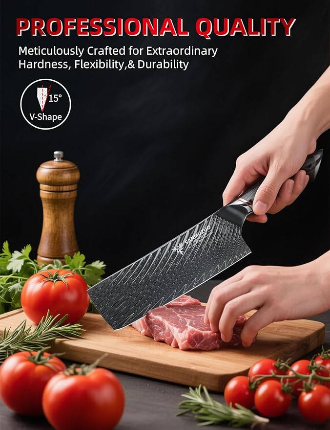 SANMUZUO Japanese 7" Nakiri Knife - Professional Kitchen Knives - Japanese Usuba Knife - Black Damascus Steel with Ergonomic Handle - MIAO Series