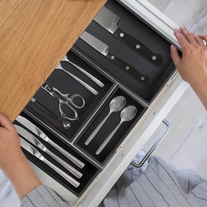 PRATIQUE Bamboo Drawer Organizer - Kitchen Utensil Organizer Silverware Tray Cutlery Holder，Office Desk Supplies and Accessories,8.9 * 5.9 * 2.6inch,Black