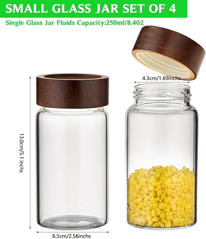 Patoper 8 oz Small Glass Spice Jars with Airtight Wood Acacia Lid 4 PCS,Clear Coffee Ground Storage Canister Round Glass Spice Jar for Pantry Sugar Tea Bean Nuts Cookies Salts Seasoning