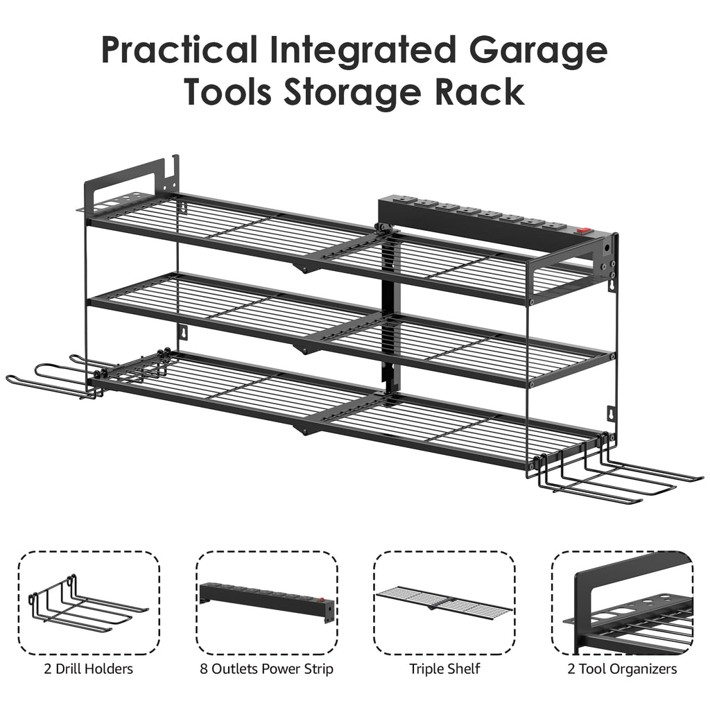 CCCEI Large Garage Tools Storage with Charging Station. Power Tool Battery Organizer Utility Shelf with Power Strip. 4 Drills Holder Wall Mount Rack, Black 3 Layer.