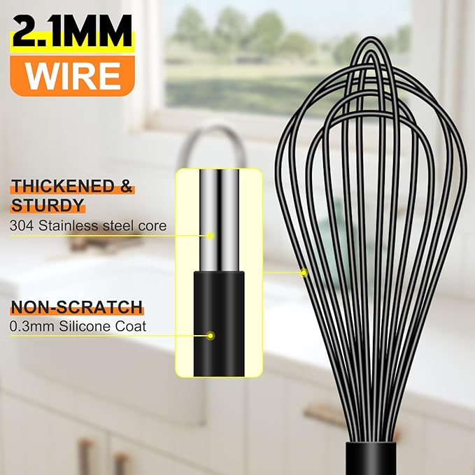 HOTEC 4 Pieces Silicone Whisks Set, Wire Balloon Whisks for cooking Egg Beater, Non-slip Handle Whisk for Non-stick Cookware Perfect for Cooking, Stirring, Beating and Blending,Black
