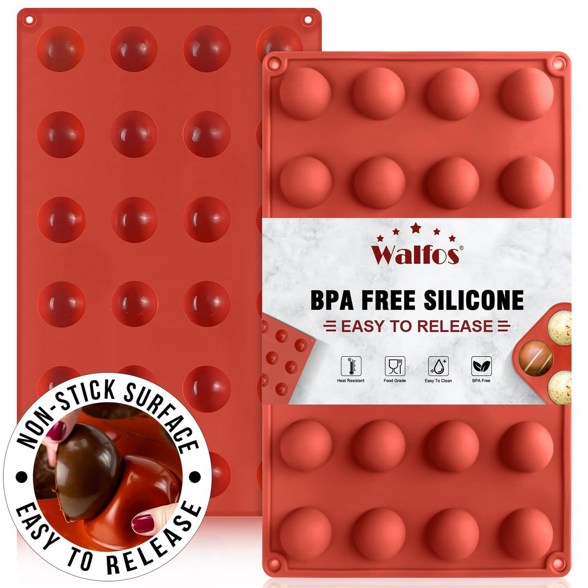 Silicone Fat Bomb Molds, Walfos Silicone Candy Mold, 15 Cavity Round Mold -Perfect for Keto Fat Bomb, Jelly, Dark Chocolate, Mini Peanut Butter Cup, 2 Packs