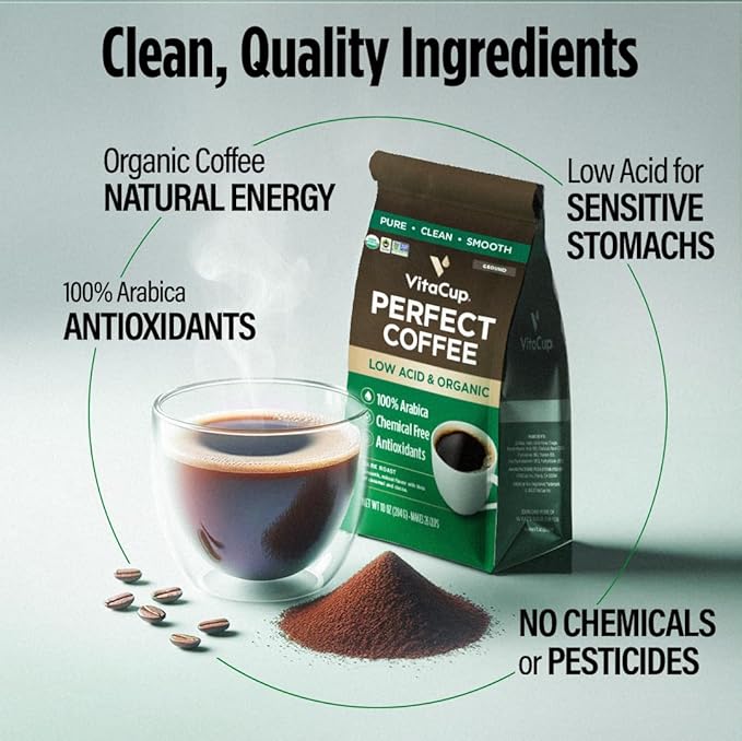 VitaCup Perfect Low Acid Organic Dark Roast Coffee Beans, 40oz, 4 Bags