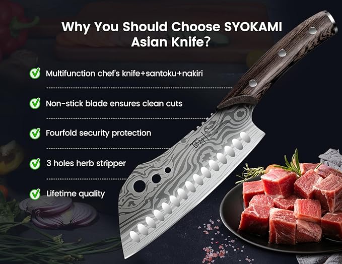 SYOKAMI Cleaver Chef Knife with Herb Stripper, 7" Asian Kitchen Knife