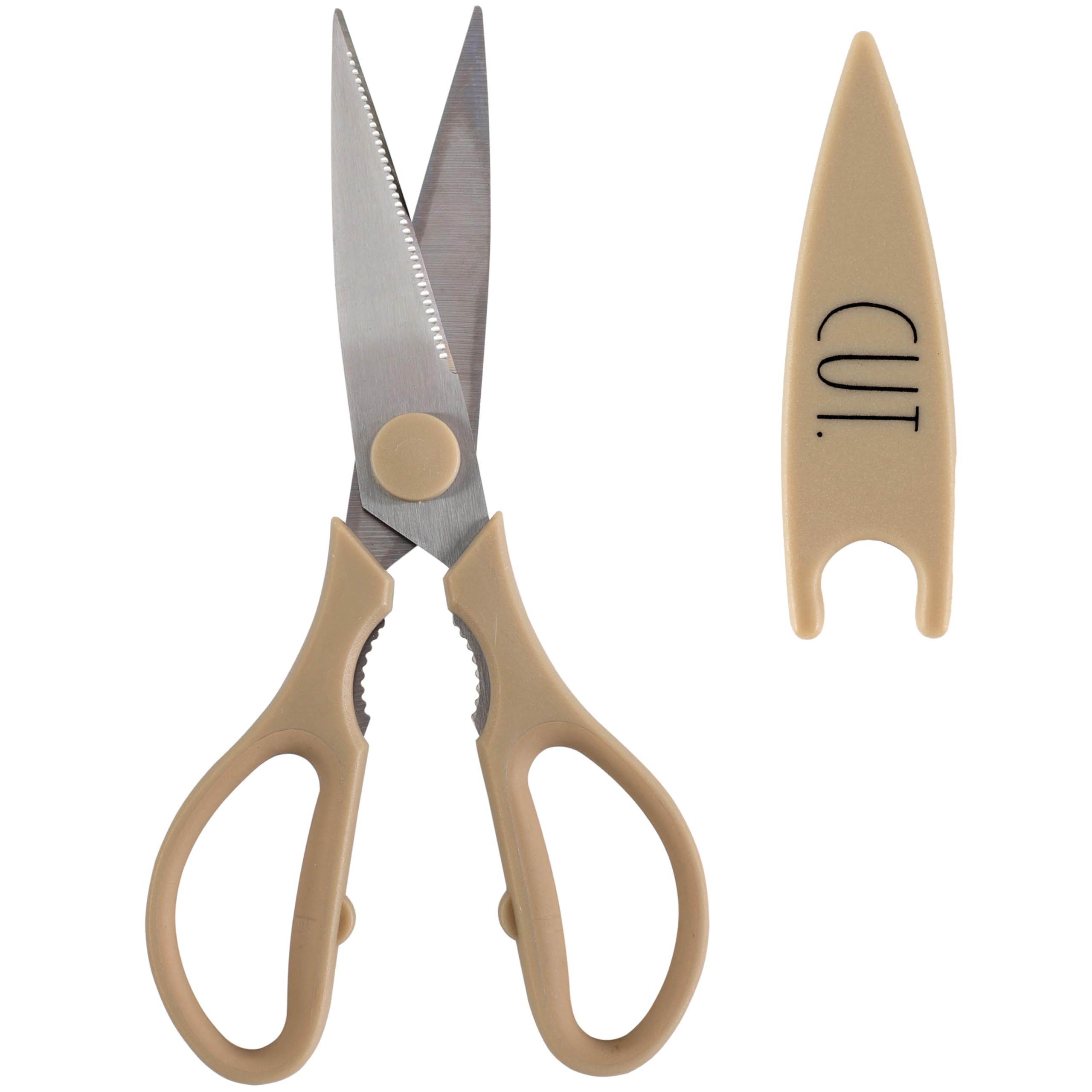 Rae Dunn Kitchen Scissors- Stainless Steel Kitchen Shears, Cooking Scissors for Cutting Meat, Chicken, Herbs and Produce with Blade Cover and Soft Grip Handles (Brown)
