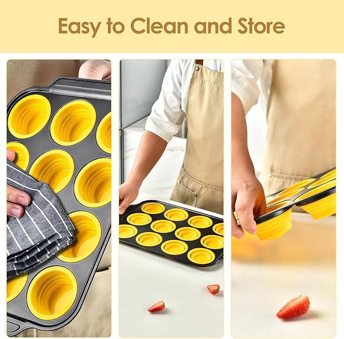 YiYeraio 12 Cups Silicone Muffin Pans for Baking with Metal Frame, Egg Bite Molds, Cupcake Pans Regular Size, Muffin Tins Easy to Pop Nonstick Non Toxic Bakeware for Oven Dishwasher Safe