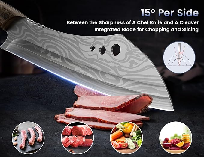 SYOKAMI Butcher knife for Meat Cutting, 10 Inch Cleaver with Herb Stripper