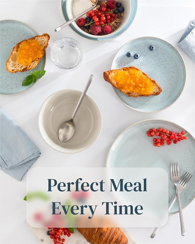 24 Piece Stoneware Dinnerware Set for 8 - Handmade Reactive Glaze Plates and Bowls Set - Chip & Scratch Resistant Dish Set - Dishwasher Microwave Safe - Light Beige & Blue