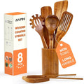 Non-Toxic Wooden Kitchen Utensils Set, 15.4" Long Handle Wood Spatula for Cooking, Egg Flipper Fish Turner Spatula for Non Stick Frying Pan, with Chopsticks, Soup Ladle, Pasta Spoon, Holder, Rest