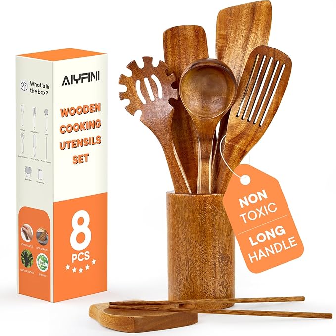Non-Toxic Wooden Kitchen Utensils Set, 15.4" Long Handle Wood Spatula for Cooking, Egg Flipper Fish Turner Spatula for Non Stick Frying Pan, with Chopsticks, Soup Ladle, Pasta Spoon, Holder, Rest