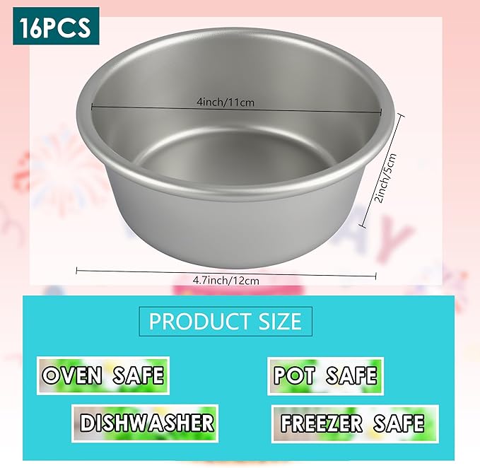 Norcoin 16 Pcs 4 Inch Round Cake Pans Nonstick Aluminum Round Cake Pan Mold Small Smash Cake Baking Pans for Home Baking Cheese Cake Pizza Quiche Leakproof and Easy Release