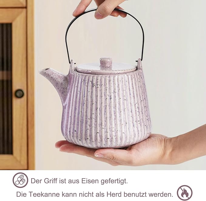 Yundu Ceramic Teapots for Tea, 1000ml/33.8oz Tea Pot with Infusers for Loose Tea, Striped Tea Pot with Removable Tea Infuser - Reactive Pueple
