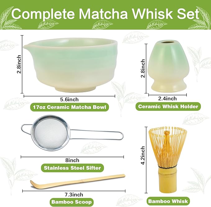 Matcha Whisk Set, Japanese Tea Set Includes Matcha Bowl with Spout, Bamboo Whisk, Ceramic Chasen Holder, Scoop, Sifter, 5 pcs Traditional Tea Making Kit for Matcha Lovers Women Men
