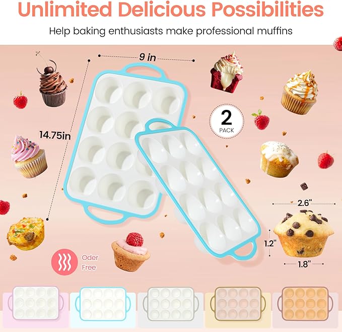 Fimary Silicone Muffin Pans for Baking 2 Pack, 2.6 Inch with Metal Reinforced Frame, Regular Size Nonstick Cupcake Pan 12 Cups for Baking Homemade Muffins, Dishwasher Safe BPA Free-Blue