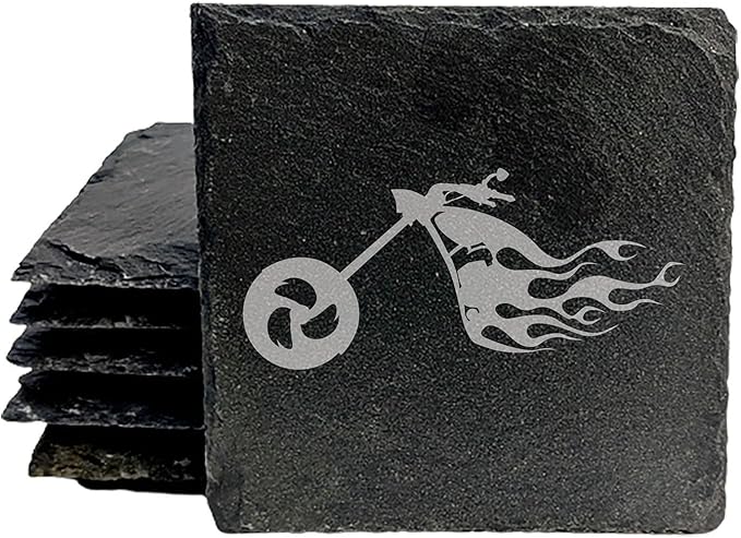 Rustic Flaming Chopper Slate Coasters Set of 6 – Square – USA Made